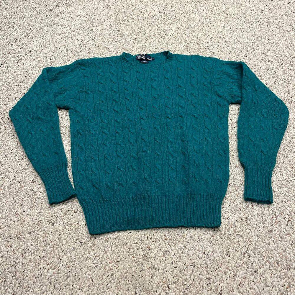 Polo Ralph Lauren Vintage Cable Knit Wool Sweater L Teal Green Preppy Old Money